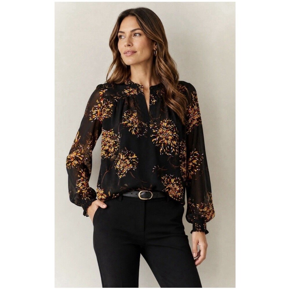 Cabi Fiesta Chiffon Blouse Black Size M Multi Color EUC Top Balloon Sleeve Shirt